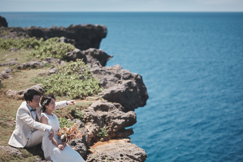青い海を一望する