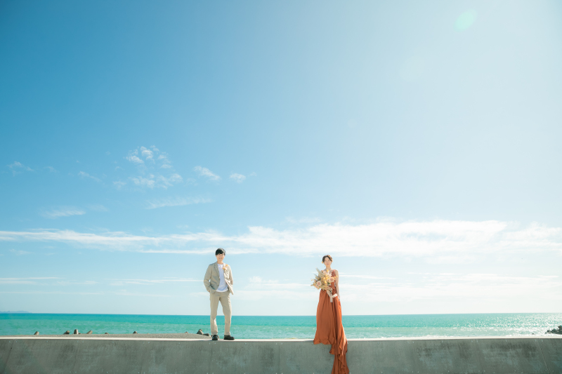 水平線と青空。シンプルの中に二人が生きる一枚