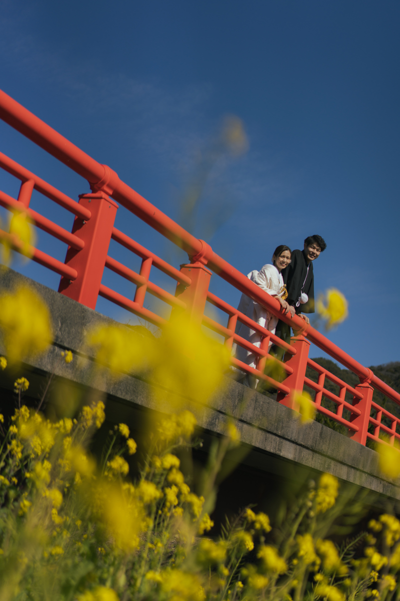 菜の花と橋と二人