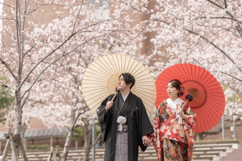 紅白の番傘で手つなぎフォト