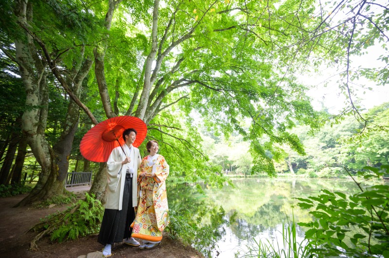 【雲場池×チャペル撮影プラン】洋装+和装どちらも選べる2着プラン、ヘアメイク、写真データ150枚 ※全色味補正済み