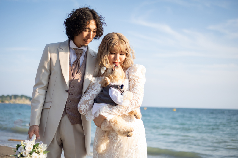 愛犬と過ごす浜辺での家族時間