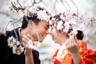 桜の下で、ふたり笑顔に