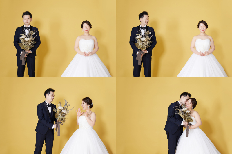 カラー背景では表情を重視し様々なポーズを。4枚合わせて4コマ風の撮影を！