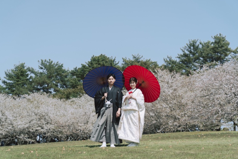 満開の桜の下、日本の美を纏って