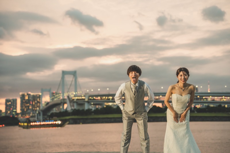 和装とドレスを着て、庭園とお台場海浜公園で撮影