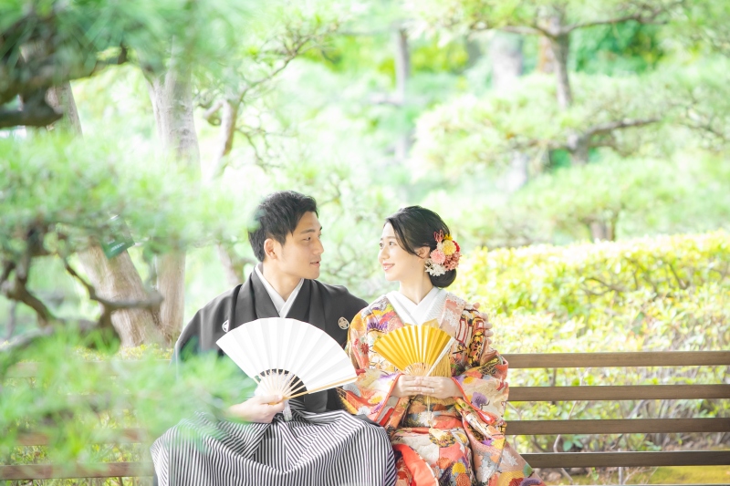 和装2着着て花畑記念庭園とスタジオでの撮影