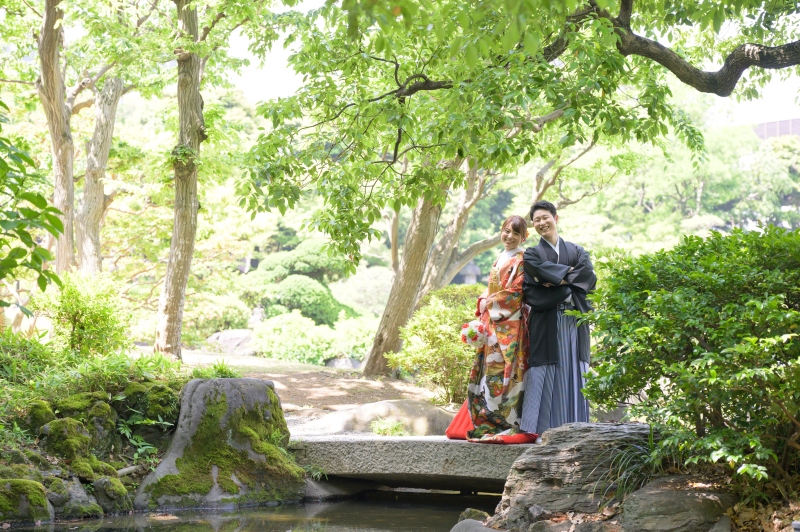 新緑の季節に旧安田庭園での撮影