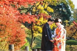 紅葉時期の日本庭園とイルミネーションの東京駅ナイト撮影
