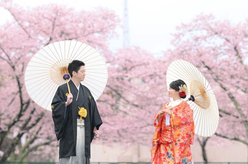 桜バックに
