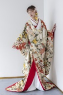 色打掛「花洛絵図」２色の絹糸が作り出す淡いゴールド地