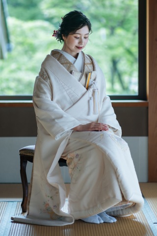 白無垢アレンジコーデ「金彩加工　花車」✖ 掛下「花尽菱」