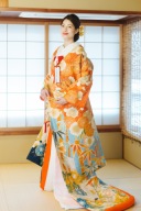 色打掛「寿鶴松竹梅」オレンジと水色のコントラストが魅力