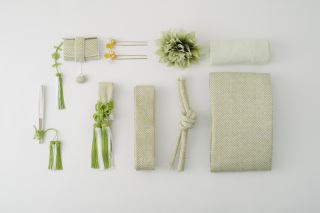 花嫁小物（五点セット疋田ヒワ・帯揚げ淡い黄緑・帯ヒワしぼり）