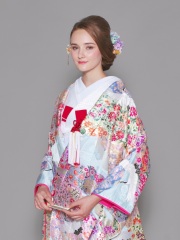 ★プラン内★色打掛「雲取小花に鶴」水色が珍しい打掛