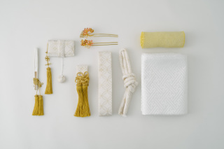 花嫁小物（五点セット金七宝 白・帯揚げ淡い黄色・帯白）