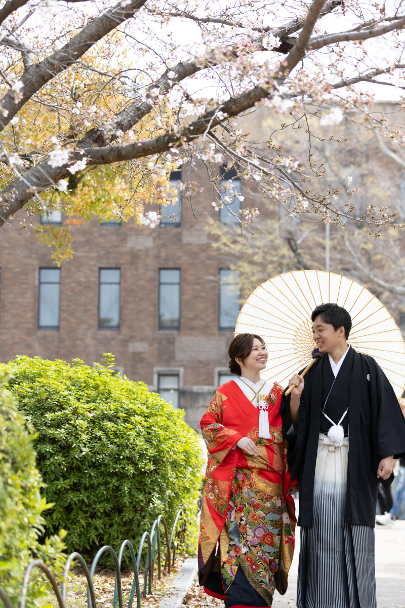 桜の木の下で仲睦まじく