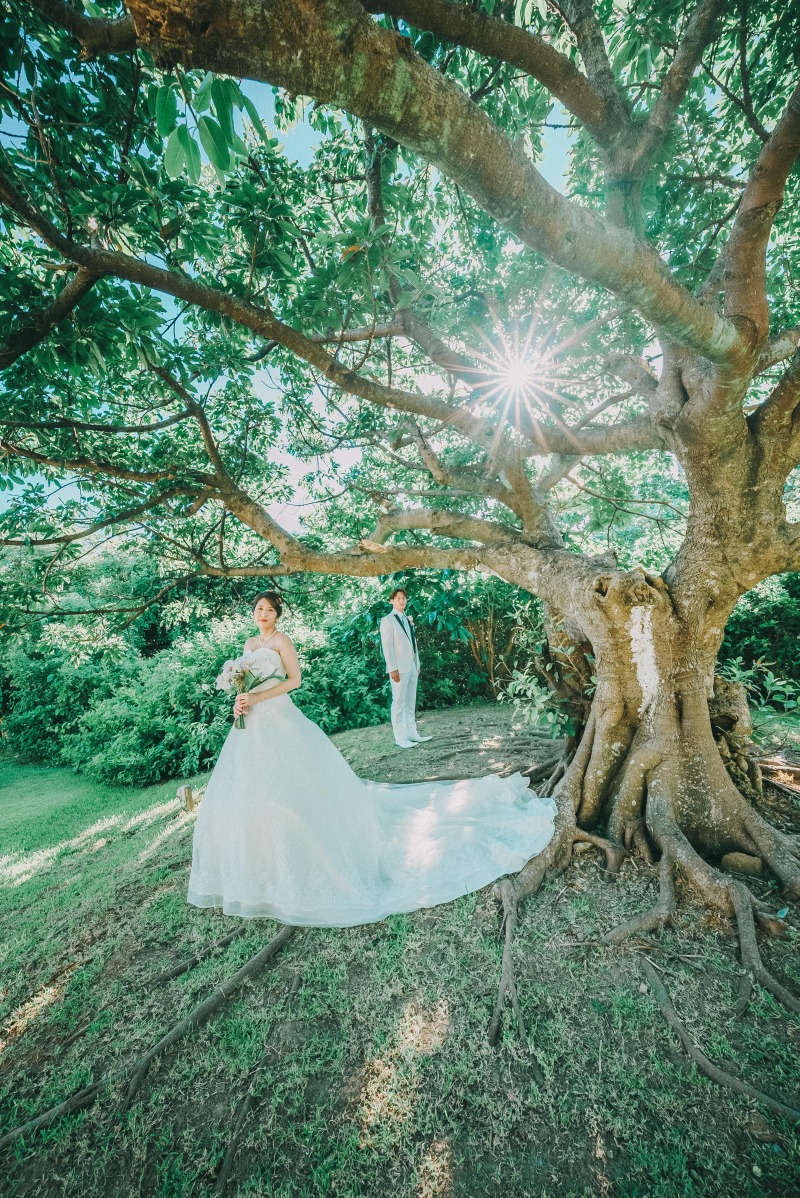 チャペルプランのグリーン撮影での一枚。おふたりの雰囲気に合わせてアーティスティックなお写真を撮影いたしました。