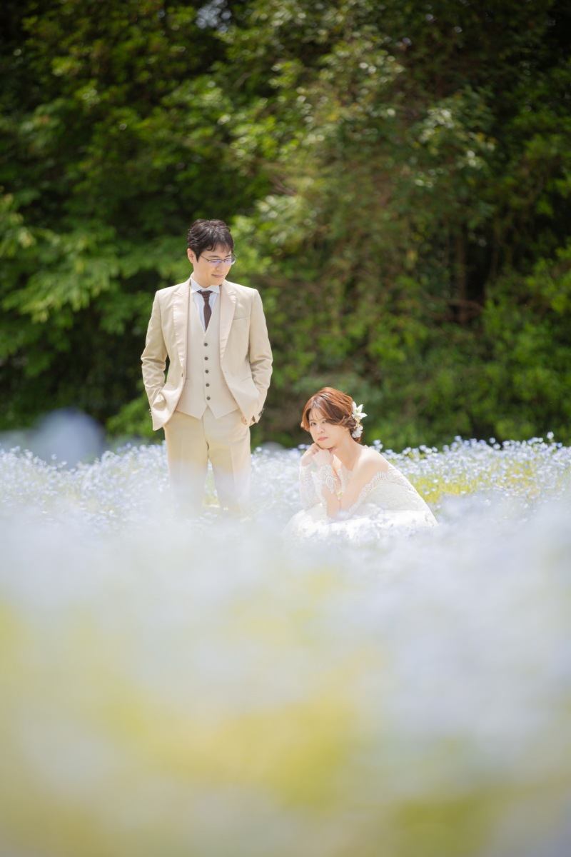ブルーの花畑で幻想的に