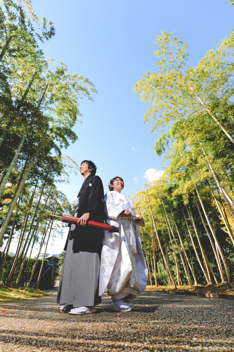 竹林と空そして寄り添う2人