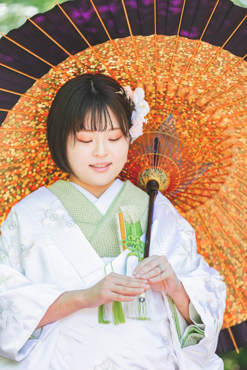 緑の掛下と白無垢でのおしゃれ衣装で撮影スタート