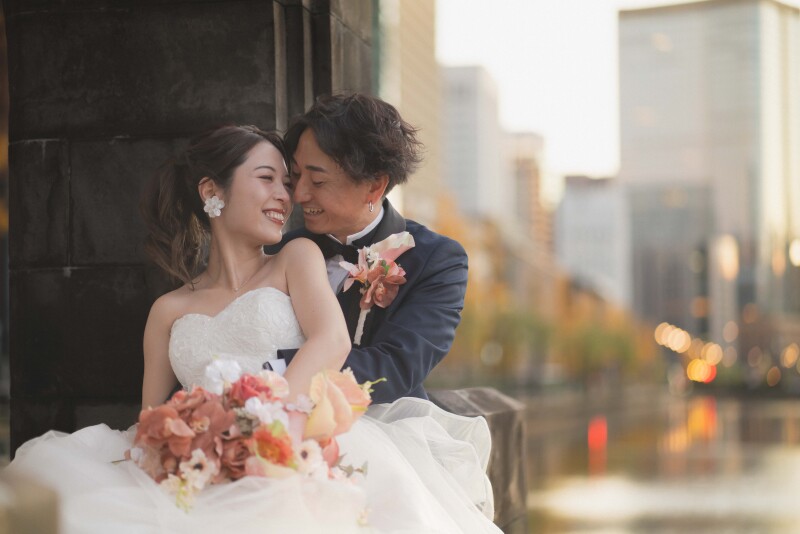 和田倉門のガゼボの中で☆サンセットを背景に負けない新婦様の美しさ!