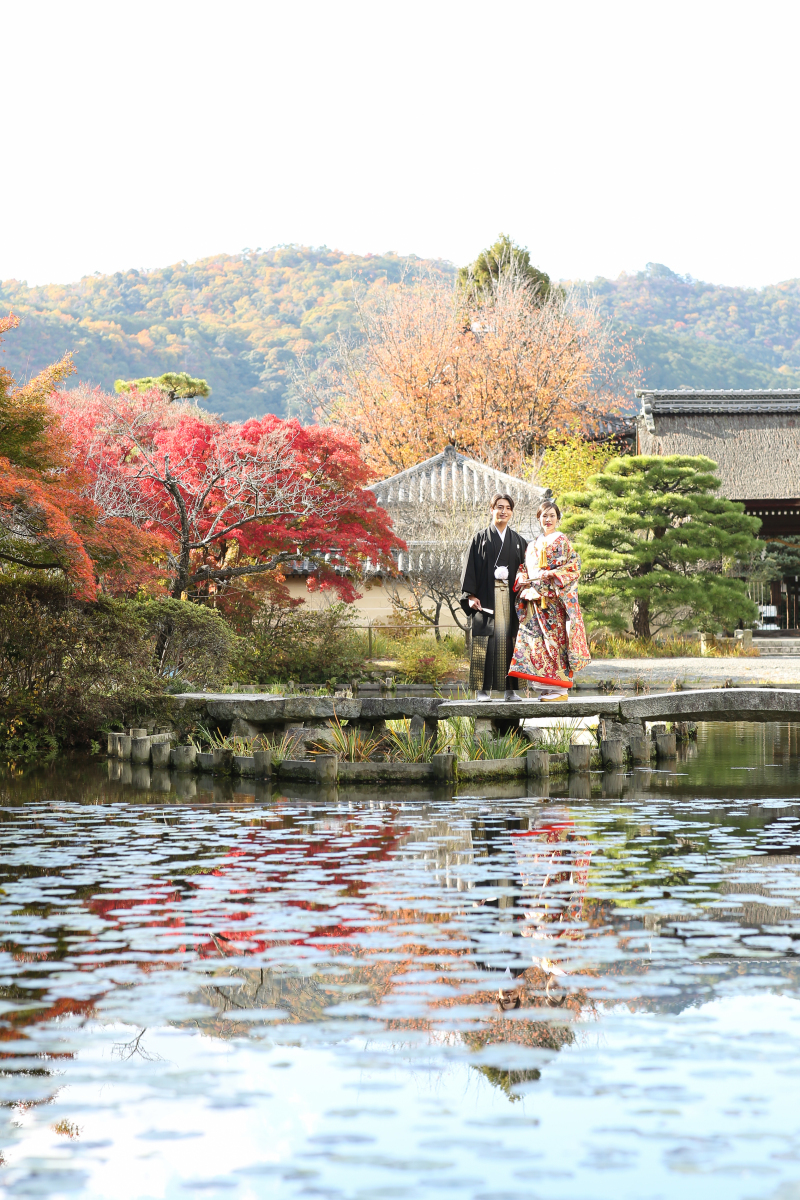 色鮮やかな庭園を背景に