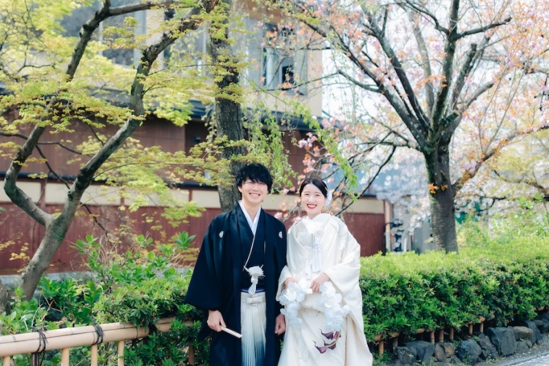 春の若葉に映える白無垢