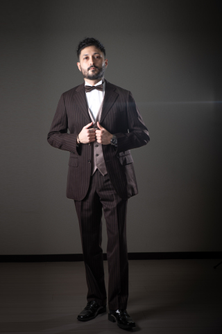 新郎タキシード　ストライプブラウン