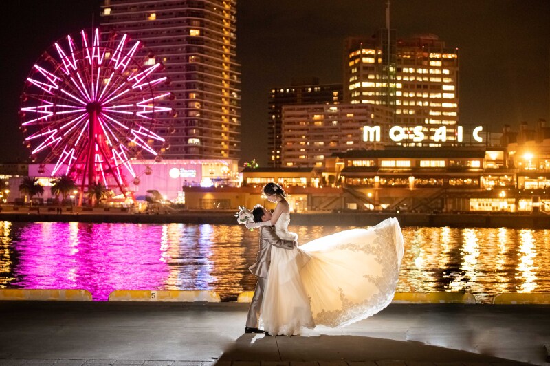 神戸パーク側移動し観覧車モザイクバックに夜景撮影