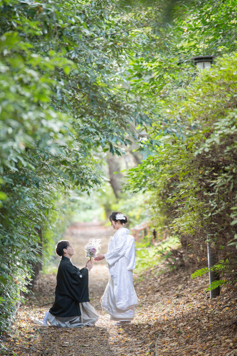 緑のトンネル木漏れ日ショットでプロポーズ