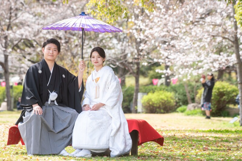 お天気はいいですがベンチで和傘