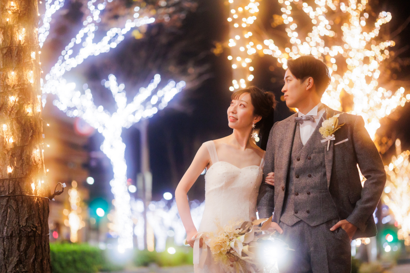【ルミネーションフォト】きらめく光のなかでウエディングフォト☆*│和歌山けやき大通り“KEYAKI Light Parade”