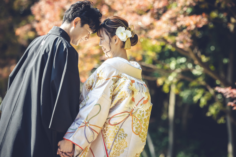 輝く紅葉をバックに