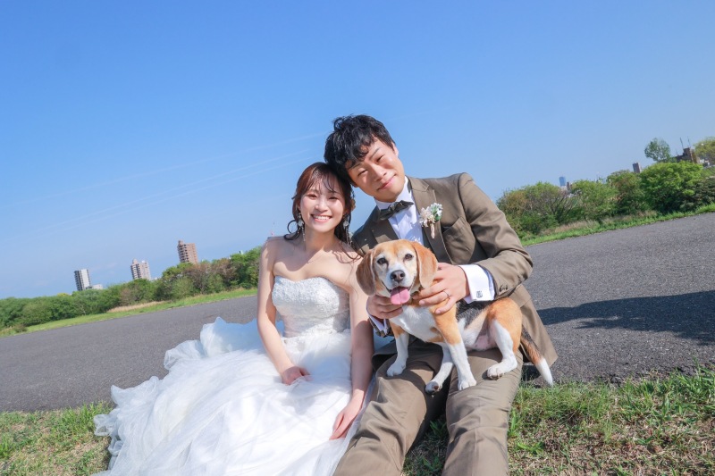 八重桜とワンちゃんと