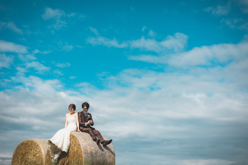 牧草ロールに乗って