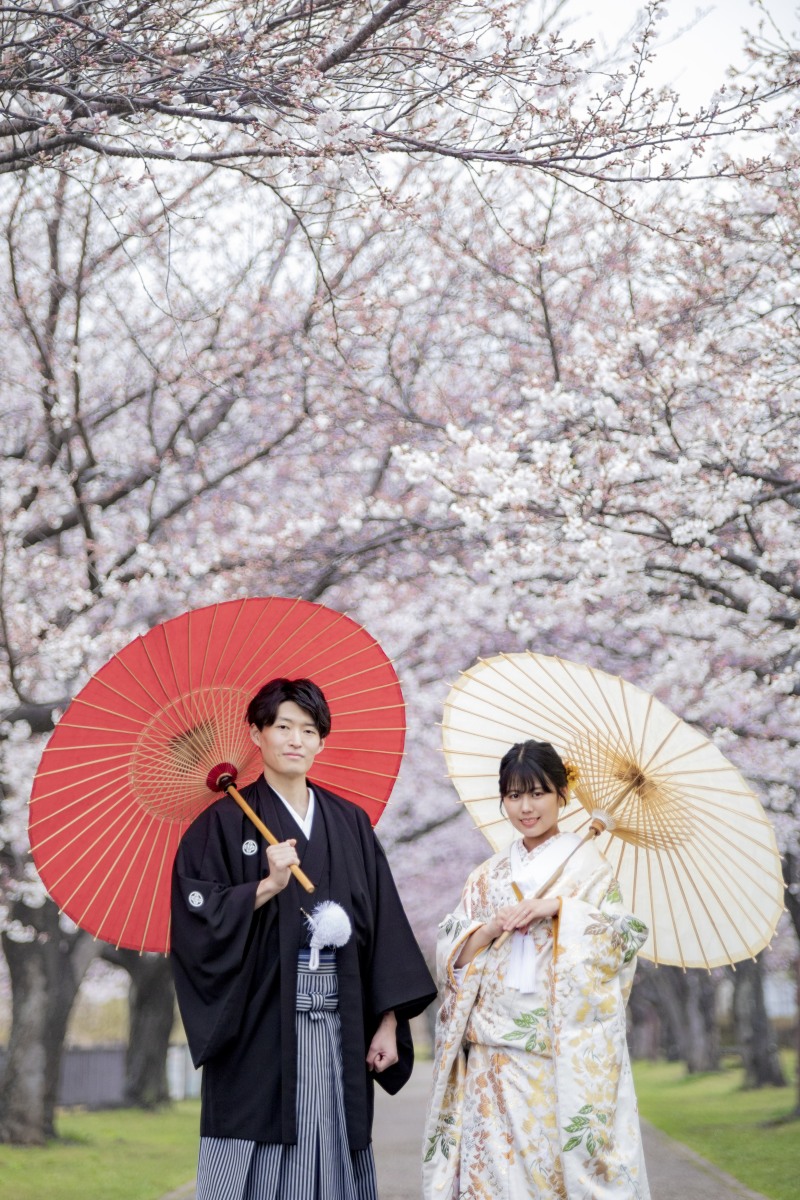 和装の前撮りを桜の時期に
