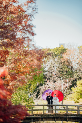 白鳥庭園で紅葉和装ロケーション撮影