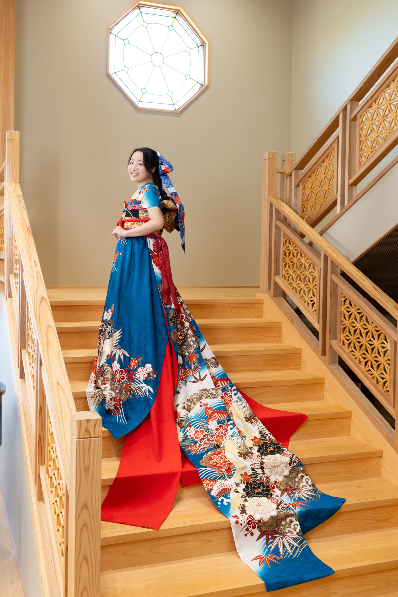 マタニティで青の和ドレス