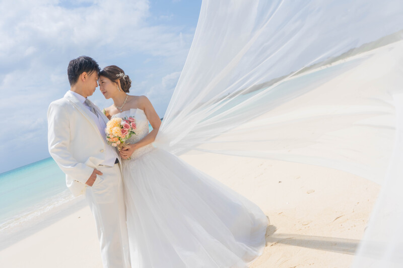 風になびくベールと、寄り添うふたり