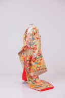 絞り柄鶴に牡丹　ピンクブラウン