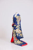 紺　ゴールド扇子に花