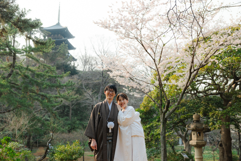 三重塔、桜、灯籠