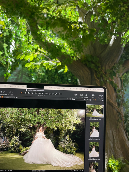 グリーンに映えるウエディングドレス