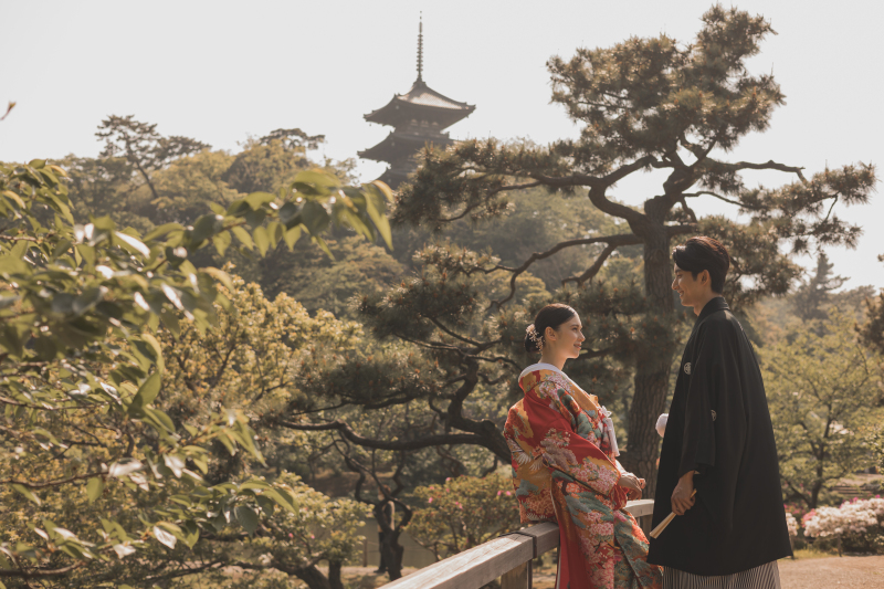 国の重要文化財にも指定されている三渓園での和装ロケ