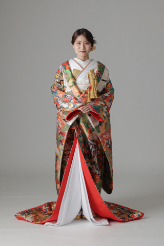 御所車 絵巻 鶴 四季花/ラメグリーン