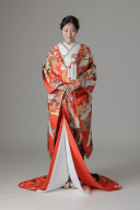 金エ霞文様 鶴 四季花/レッド