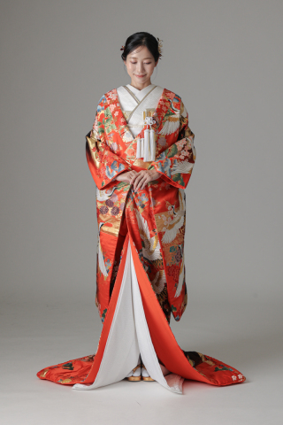 金エ霞文様 鶴 四季花/レッド