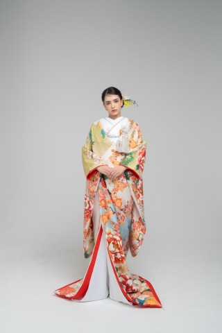 彩りに牡丹鶴 白