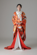 御所車 鶴 エ霞文様 四季花/オレンジ